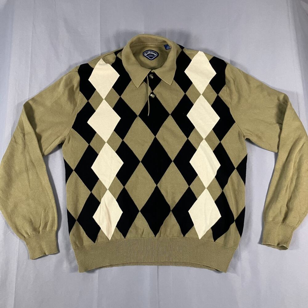 Callaway Golf Sport Sweater Mens Small Tan Black Argyle Knit Polo‎ Hong Kong